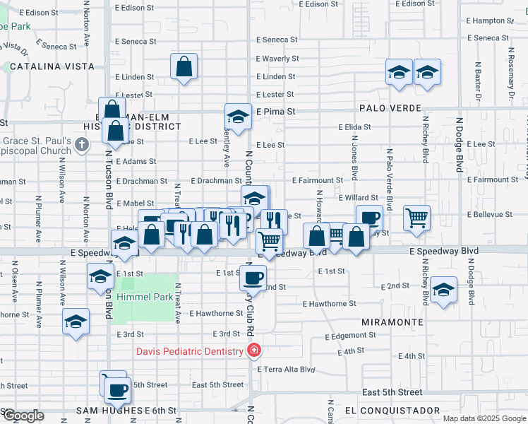 map of restaurants, bars, coffee shops, grocery stores, and more near 1200 North Country Club Road in Tucson