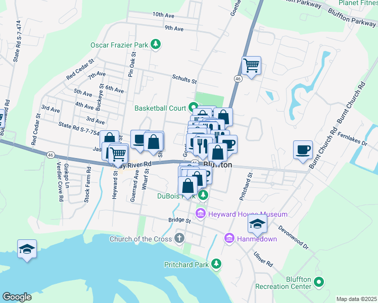 map of restaurants, bars, coffee shops, grocery stores, and more near 1279 May River Road in Bluffton