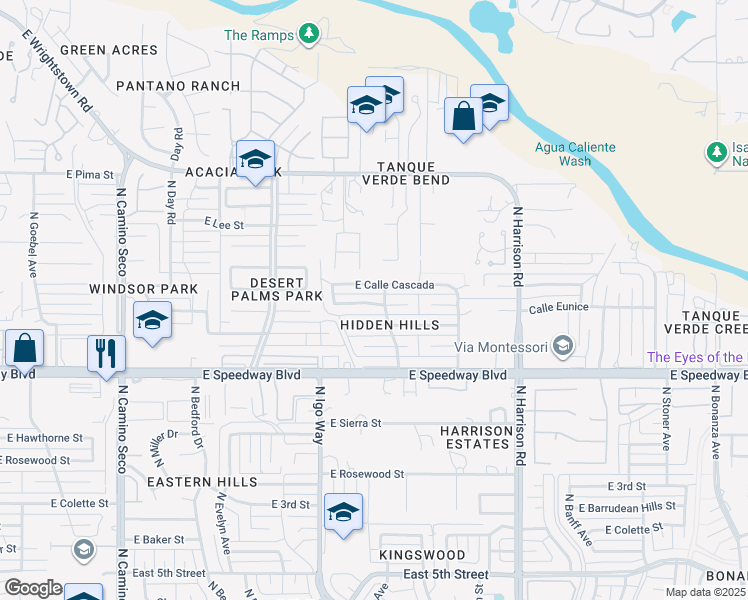map of restaurants, bars, coffee shops, grocery stores, and more near 9201 East Calle Kuehn in Tucson