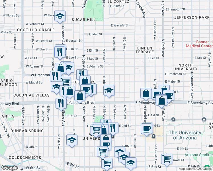 map of restaurants, bars, coffee shops, grocery stores, and more near 1234 North 4th Avenue in Tucson
