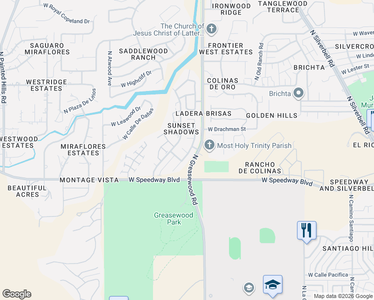 map of restaurants, bars, coffee shops, grocery stores, and more near 2581 West Ashley Place in Tucson