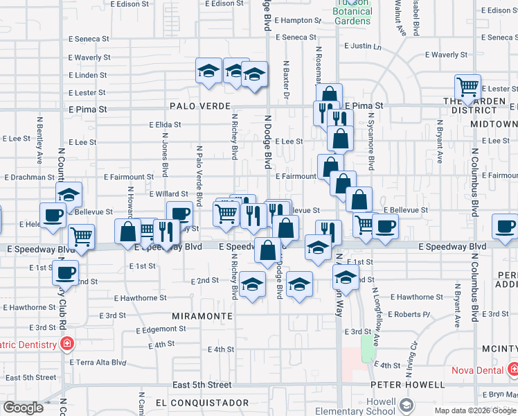 map of restaurants, bars, coffee shops, grocery stores, and more near 3635 East Bellevue Street in Tucson
