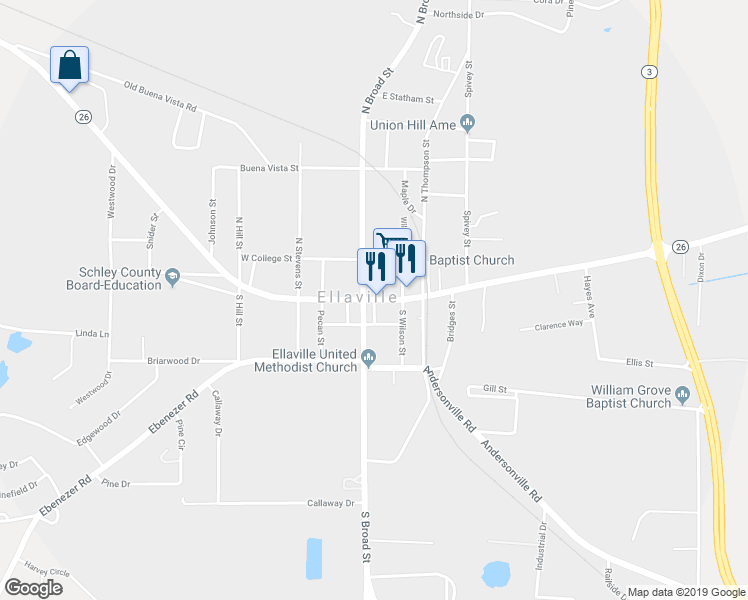 map of restaurants, bars, coffee shops, grocery stores, and more near Main Street in Ellaville
