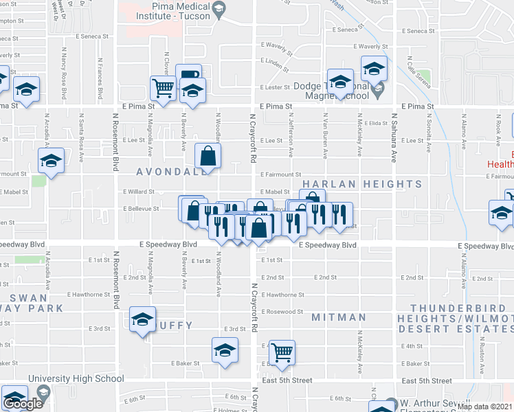map of restaurants, bars, coffee shops, grocery stores, and more near 5501 East Bellevue Street in Tucson