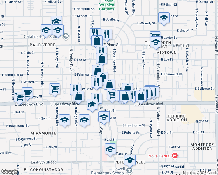 map of restaurants, bars, coffee shops, grocery stores, and more near 3937 East Bellevue Street in Tucson