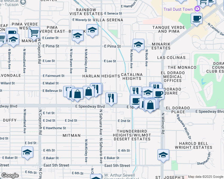 map of restaurants, bars, coffee shops, grocery stores, and more near 1202 North del Valle Place in Tucson