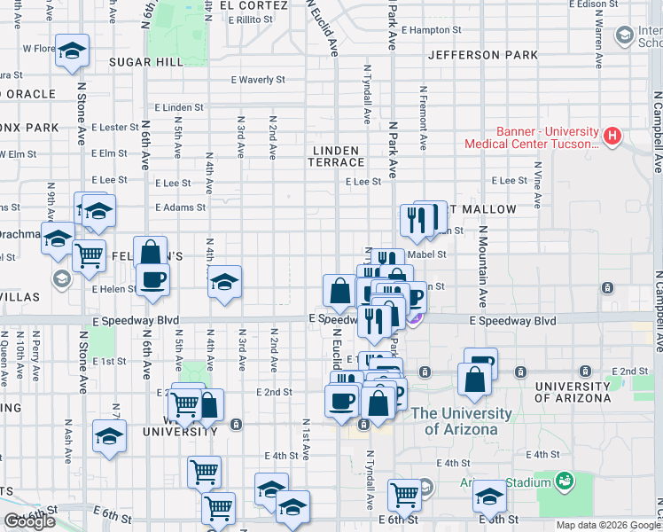 map of restaurants, bars, coffee shops, grocery stores, and more near 1235 North Euclid Avenue in Tucson