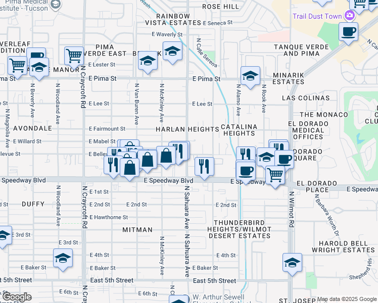map of restaurants, bars, coffee shops, grocery stores, and more near 1202 North Sahuara Avenue in Tucson