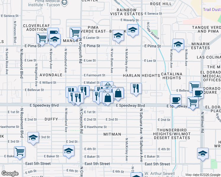 map of restaurants, bars, coffee shops, grocery stores, and more near 5655 East Bellevue Street in Tucson