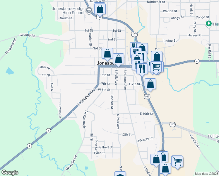 map of restaurants, bars, coffee shops, grocery stores, and more near 200-216 West 8th Street in Jonesboro