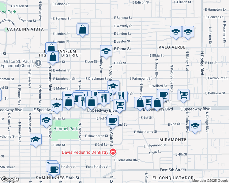 map of restaurants, bars, coffee shops, grocery stores, and more near 1200 North Country Club Road in Tucson