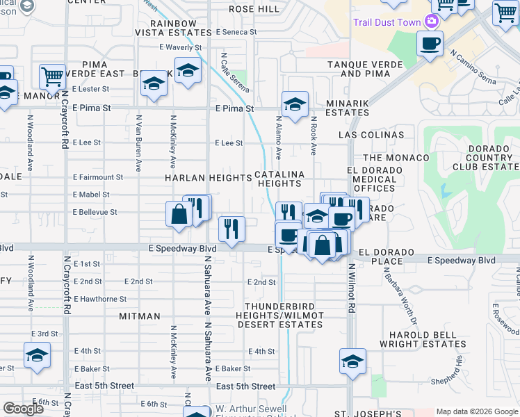 map of restaurants, bars, coffee shops, grocery stores, and more near 6031 East Bellevue Street in Tucson