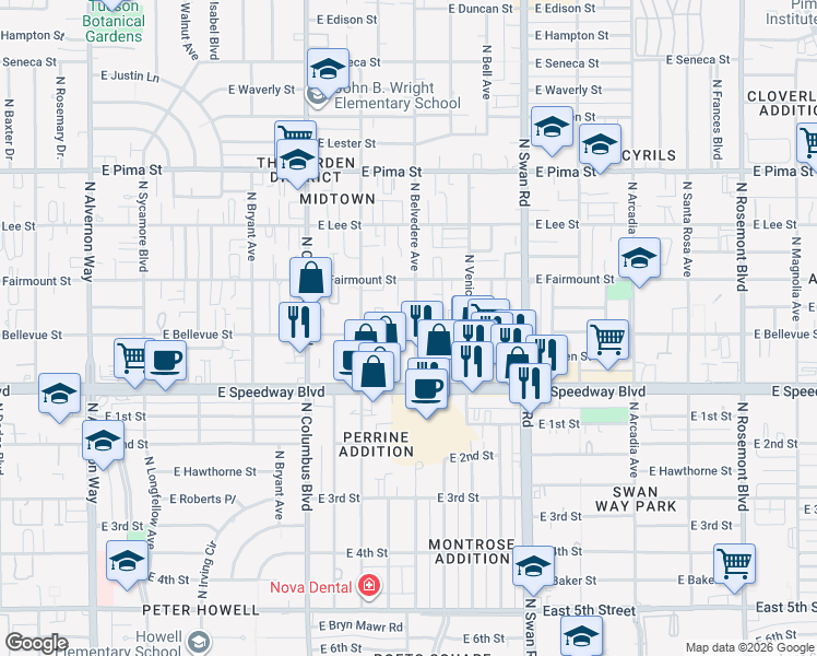 map of restaurants, bars, coffee shops, grocery stores, and more near 4507 East Bellevue Street in Tucson