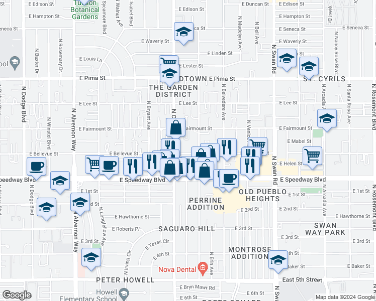 map of restaurants, bars, coffee shops, grocery stores, and more near 4361 East Bellevue Street in Tucson