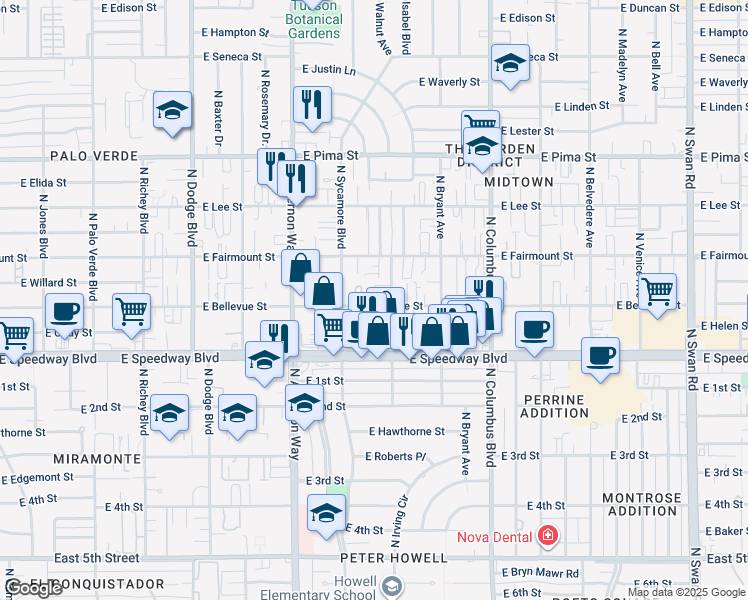map of restaurants, bars, coffee shops, grocery stores, and more near 4075 East Bellevue Street in Tucson