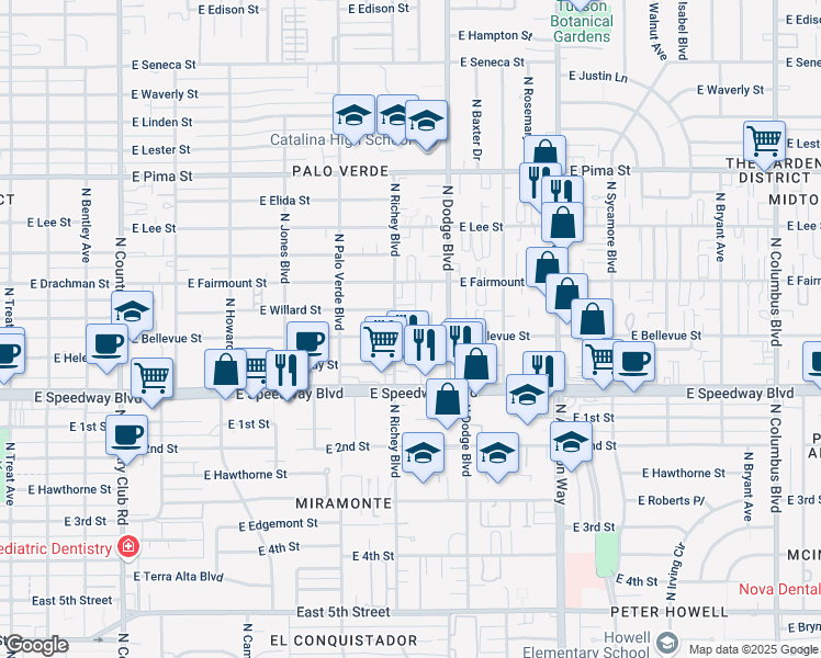 map of restaurants, bars, coffee shops, grocery stores, and more near 3605 East Bellevue Street in Tucson
