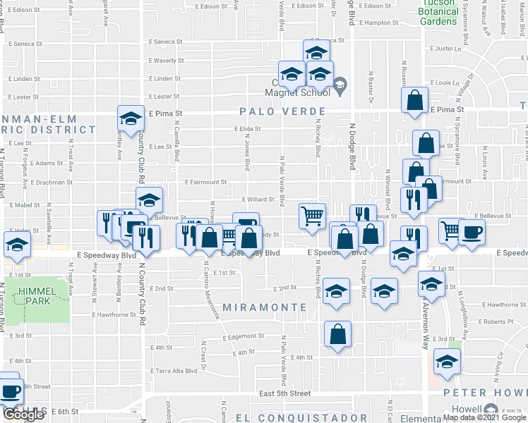 map of restaurants, bars, coffee shops, grocery stores, and more near 3443 East Bellevue Street in Tucson