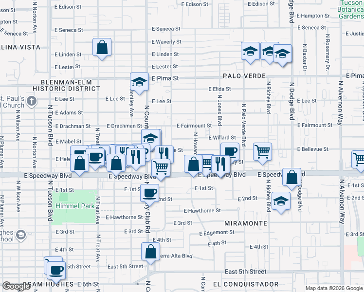 map of restaurants, bars, coffee shops, grocery stores, and more near 3229 East Bellevue Street in Tucson