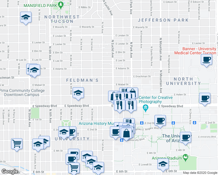 map of restaurants, bars, coffee shops, grocery stores, and more near 1222 North Euclid Avenue in Tucson
