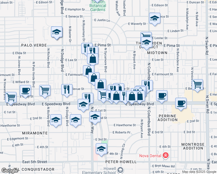 map of restaurants, bars, coffee shops, grocery stores, and more near 4007 East Bellevue Street in Tucson
