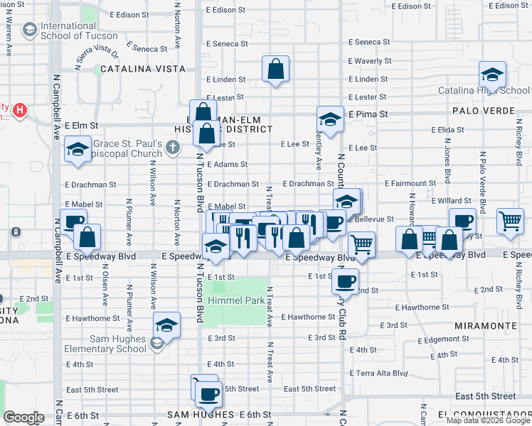 map of restaurants, bars, coffee shops, grocery stores, and more near 1224 North Treat Avenue in Tucson