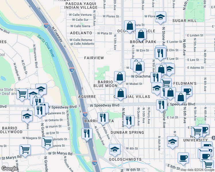 map of restaurants, bars, coffee shops, grocery stores, and more near 1236 North 14th Avenue in Tucson