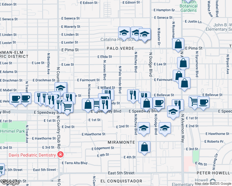map of restaurants, bars, coffee shops, grocery stores, and more near 3443 East Bellevue Street in Tucson