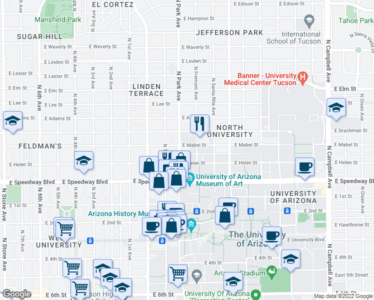 map of restaurants, bars, coffee shops, grocery stores, and more near 1010 East Mabel Street in Tucson