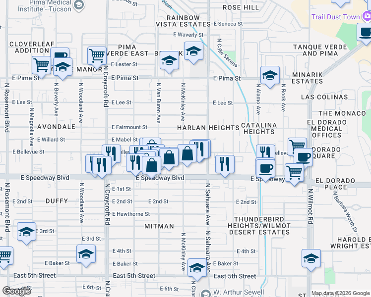 map of restaurants, bars, coffee shops, grocery stores, and more near 5819 East Bellevue Street in Tucson