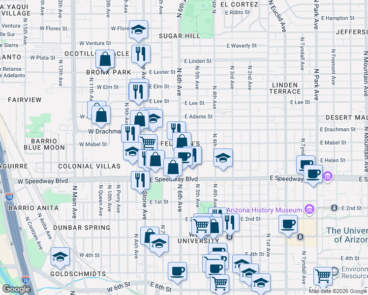 map of restaurants, bars, coffee shops, grocery stores, and more near in Tucson