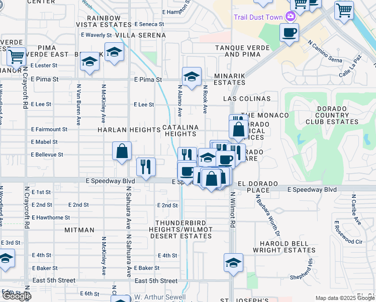 map of restaurants, bars, coffee shops, grocery stores, and more near 135 East Bellevue Street in Tucson