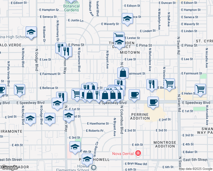 map of restaurants, bars, coffee shops, grocery stores, and more near 4145 East Bellevue Street in Tucson