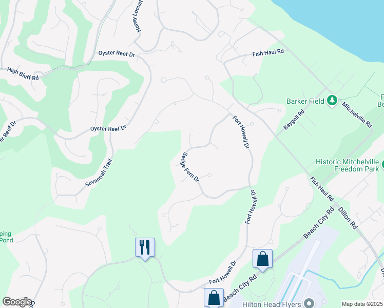 map of restaurants, bars, coffee shops, grocery stores, and more near 48 Sedge Fern Drive in Hilton Head Island