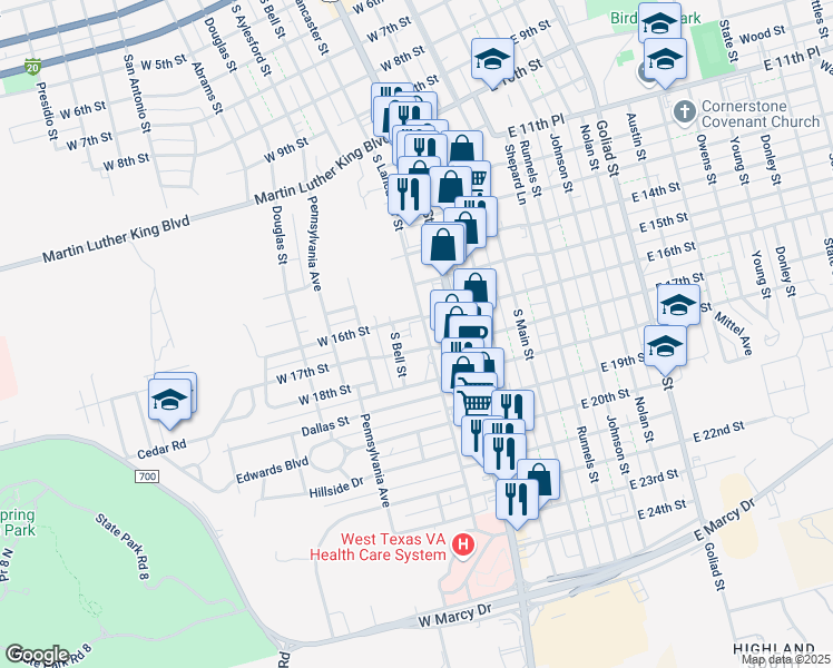 map of restaurants, bars, coffee shops, grocery stores, and more near 1600 South Lancaster Street in Big Spring