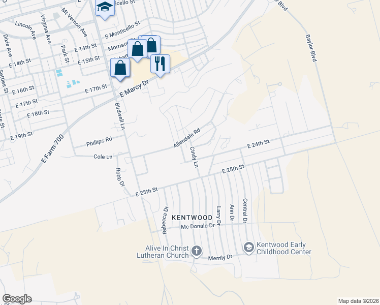 map of restaurants, bars, coffee shops, grocery stores, and more near 2301-2399 Cindy Lane in Big Spring