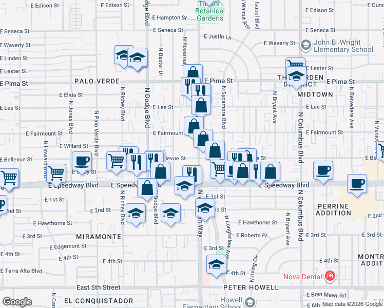 map of restaurants, bars, coffee shops, grocery stores, and more near 1201 North Alvernon Way in Tucson