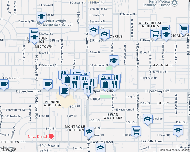 map of restaurants, bars, coffee shops, grocery stores, and more near 1201 North Nema Avenue in Tucson