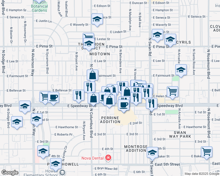 map of restaurants, bars, coffee shops, grocery stores, and more near 4419 East Bellevue Street in Tucson