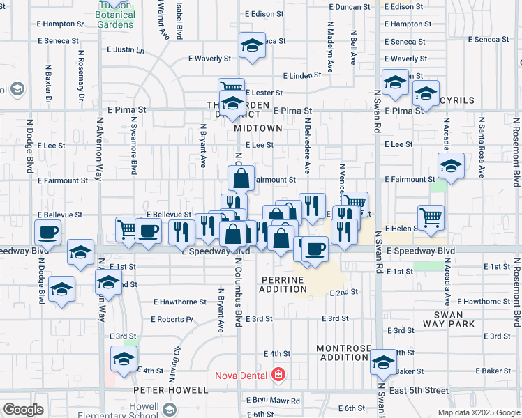 map of restaurants, bars, coffee shops, grocery stores, and more near 4361 East Bellevue Street in Tucson