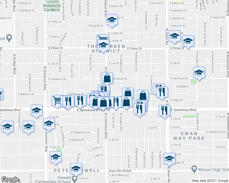 map of restaurants, bars, coffee shops, grocery stores, and more near 4361 East Bellevue Street in Tucson