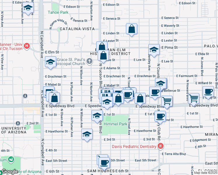 map of restaurants, bars, coffee shops, grocery stores, and more near 1215 North Forgeus Avenue in Tucson