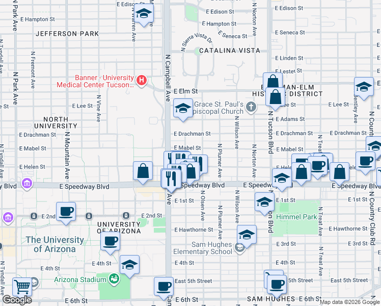 map of restaurants, bars, coffee shops, grocery stores, and more near 1221 North Olsen Avenue in Tucson