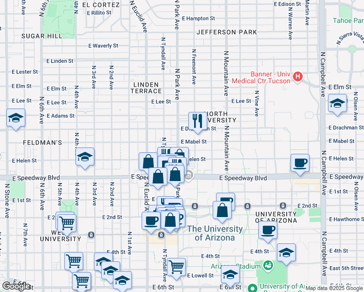 map of restaurants, bars, coffee shops, grocery stores, and more near 1010 East Mabel Street in Tucson