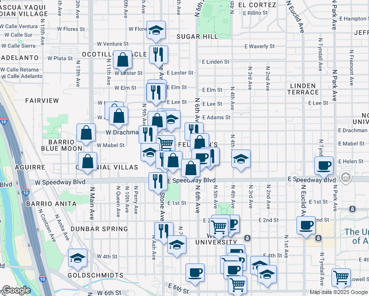 map of restaurants, bars, coffee shops, grocery stores, and more near 1200 North 7th Avenue in Tucson