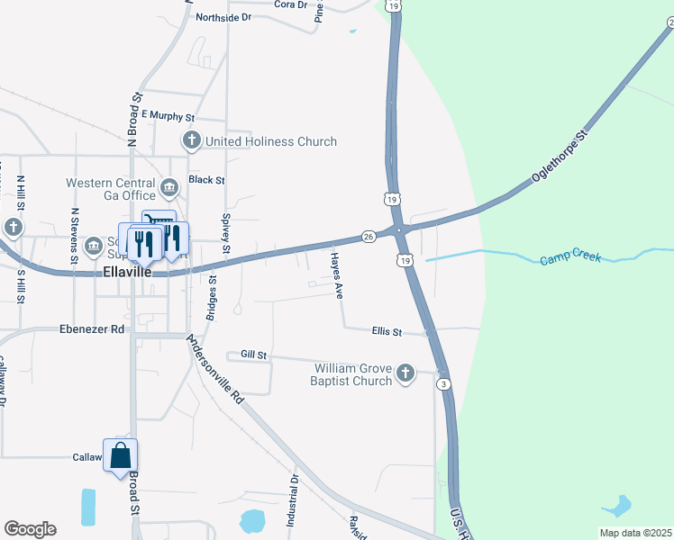 map of restaurants, bars, coffee shops, grocery stores, and more near 222 Hayes Avenue in Ellaville