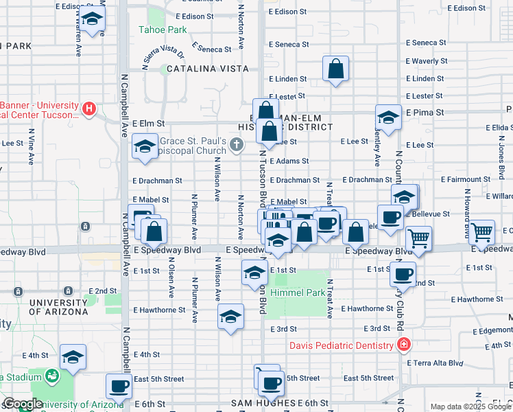 map of restaurants, bars, coffee shops, grocery stores, and more near 2432 East Mabel Street in Tucson