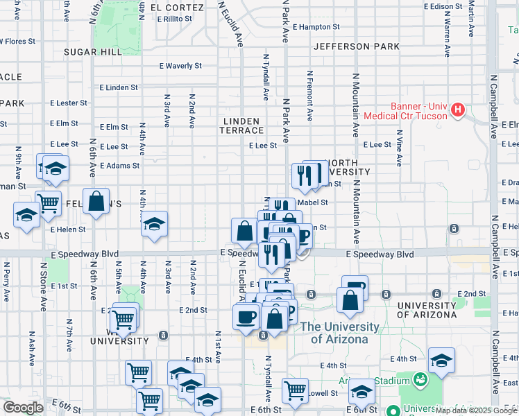 map of restaurants, bars, coffee shops, grocery stores, and more near 834 East Mabel Street in Tucson
