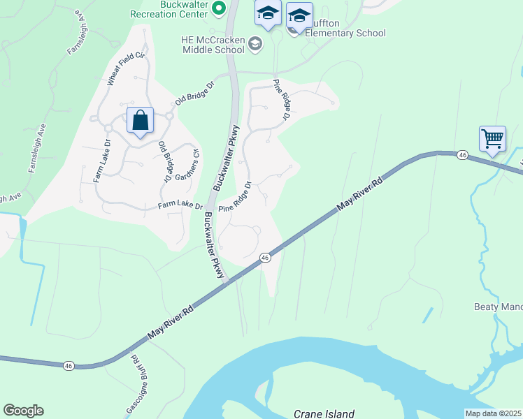 map of restaurants, bars, coffee shops, grocery stores, and more near 20 Torrey Lane in Bluffton
