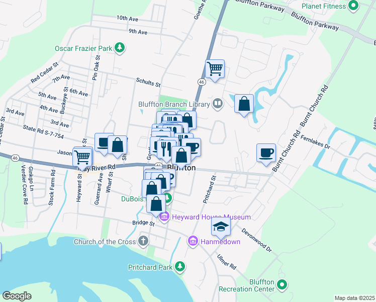 map of restaurants, bars, coffee shops, grocery stores, and more near 201 Bluffton Road in Bluffton