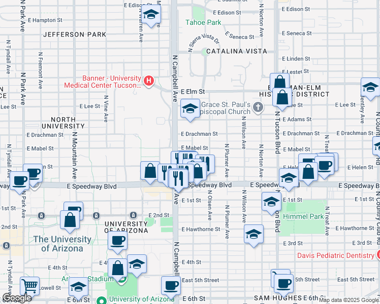 map of restaurants, bars, coffee shops, grocery stores, and more near 1241 North Norris Avenue in Tucson